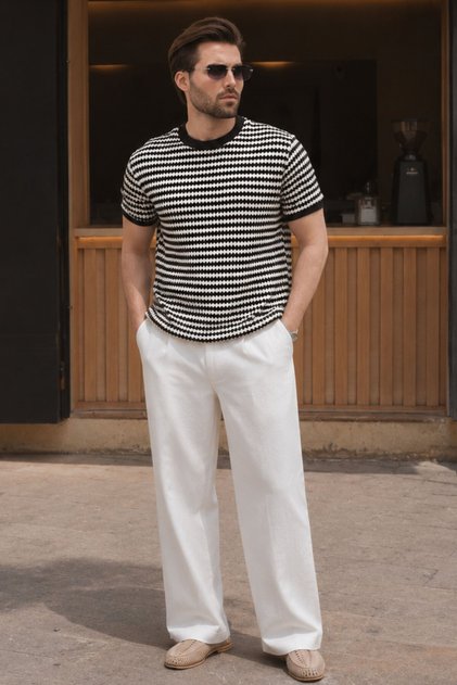 Black Jacquard Crew Neck Men's T-Shirt E7181