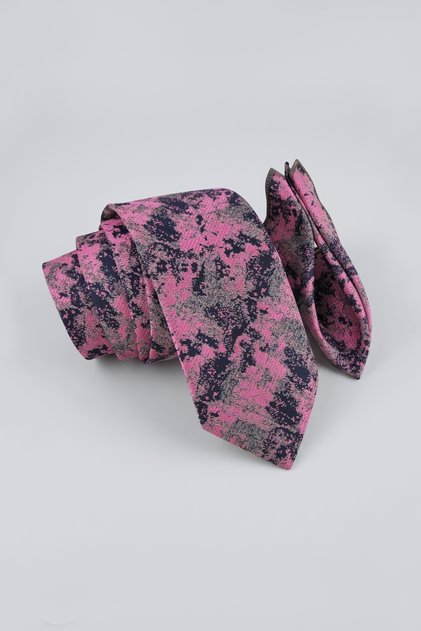 Batik Patterned Pink Gray Tie & Handkerchief