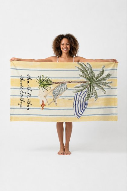 Yellow and White Striped Palm Tree and Sunbed Patterned Digital Printed Beach Towel 75X150
