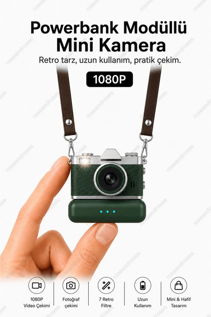 Mini Dijital Kamera Powerbankli Flaşlı Video Foto Kamera Deri Askılı 1080P