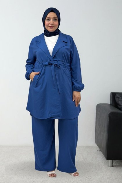 67019 Plus Size Tie-Waist Pants Jacket Nora Set - Indigo