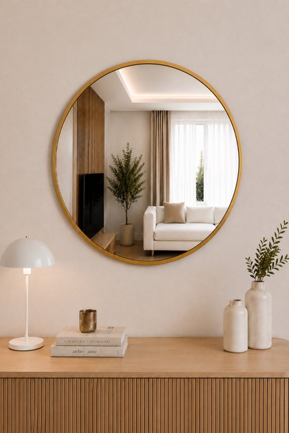 Gold Metal Çerçeveli 60 Cm Yuvarlak Ayna