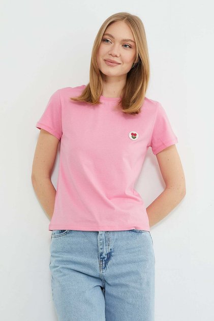 Tricou guler rotund cu broderie florală