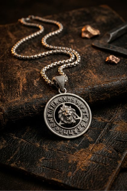 Viking Run with Lion Handcrafted Stainless Steel Chain Men's Necklace