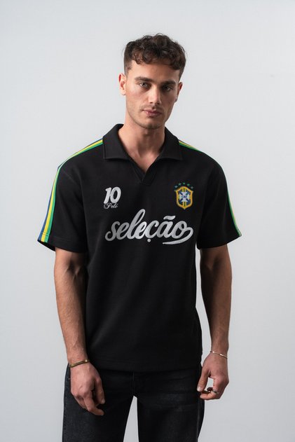 Men's Seleçao World Cup Regular Fit Polo Neck Fan T-Shirt Black