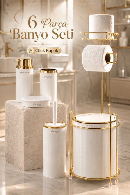 Round Gold Refillable Toilet Paper Holder and 6-Piece Bathroom Set - Off-White