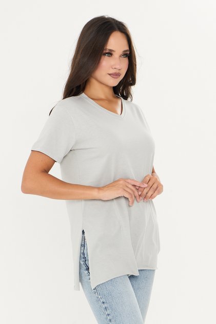 %100 Pamuk Kadın Düz Gri V yaka yanı yırtmaçlı asimetrik penye pamuk örme T-shirt tişört tunik