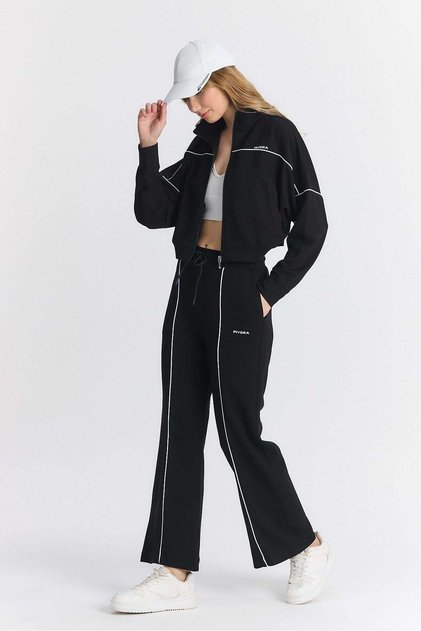 Women's Oyysho Fabric Low Sleeve Casual Crop Zipper Wide Leg Black Tracksuit Set - 7807