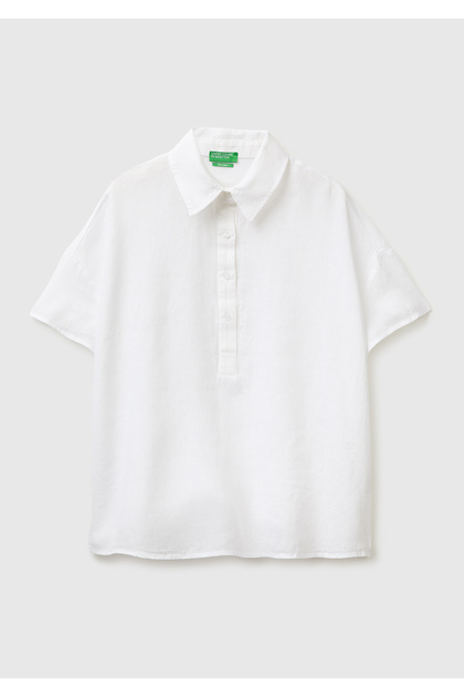 Women's white 100% linen off shoulder polo collar short sleeve blouse