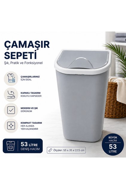53 Litre Büyük Boy Kapaklı Çamaşır Sepeti Dar Alan Uyumlu Banyo Kirli Sepeti