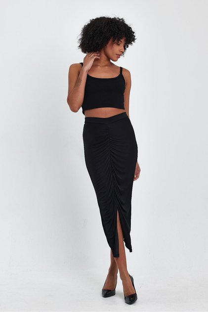 Front Ruched Skirt with Slit (B24-00159)