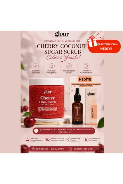 Kiraz ve Hindistancevizi Şeker Peelingi 250 ml + Whitening Aydınlatıcı Serum Hediyeli