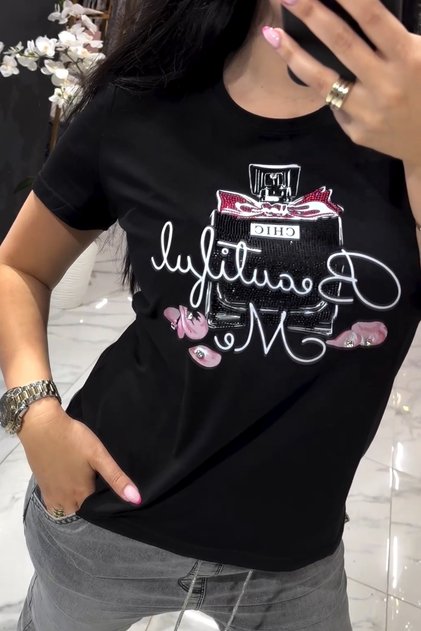 Perfume Printed Crystal Stone Large Size Short Sleeve Stylish Comfortable Cotton Women's T-Shirt T-Shirt