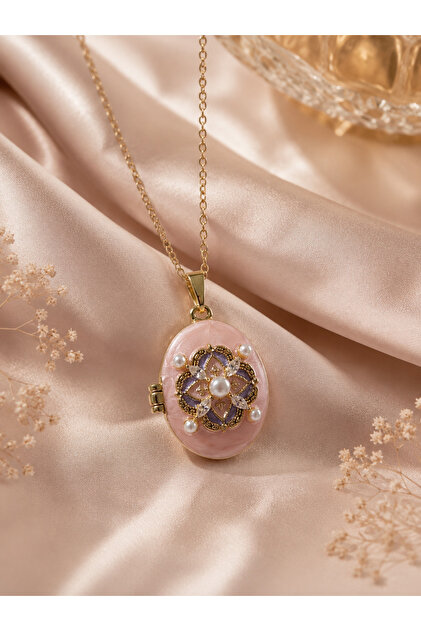 Secret Bloom Pink Covered Medallion Steel Necklace (Gold Color)