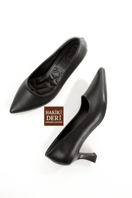 Black Genuine Leather Stiletto Goblet Heeled Pointed Toe Women's Shoes Dkandy