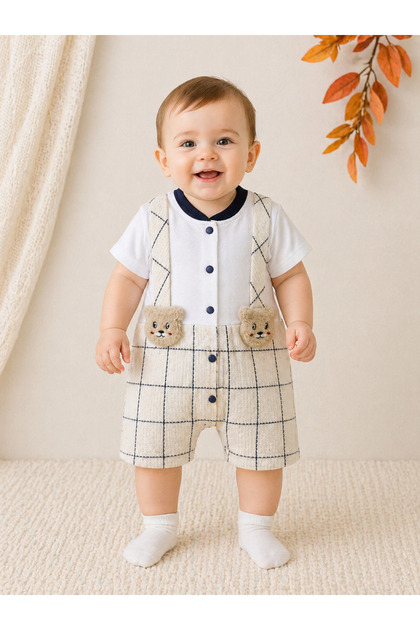 Baby Boy Jumpsuit with Shorts, Summer Cotton, Stylish Straps and Teddy Bear Detail