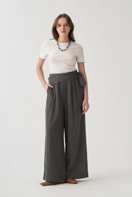 Anthracite-Waist Tie Detailed Muslin Trousers