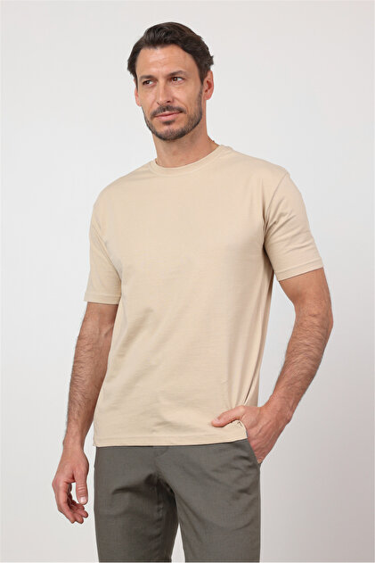 Beige Crew Neck Short Sleeve Pocketless Slim Fit Cotton T-Shirt 1011260166