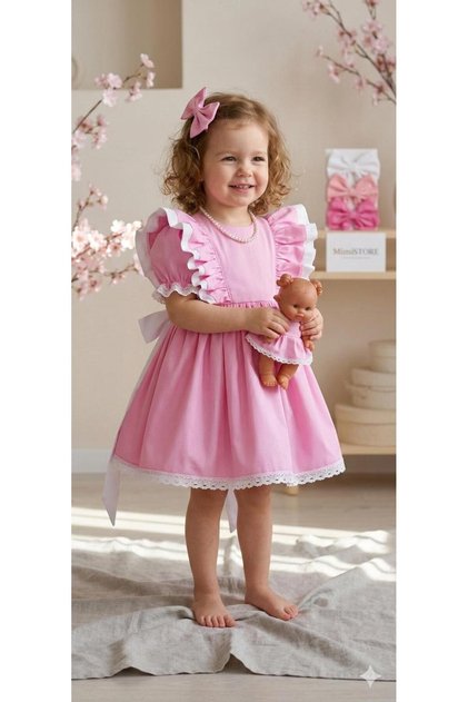 Pink Ruffled Shoulder Cotton Girls' Dress + Buckle