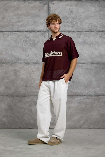 Men's T-Shirt Sonixium Written Polo Collar Claret Red Oversize Printed Knitwear