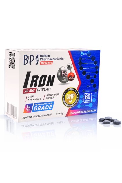 Supliment Fier Bisglicinat 20 mg + Vitamina C, Iron Chelate BP, 60 comprimate, Absorbție ridicată, Susține hemoglobina și globulele roșii, Reduce oboseala, Ușor de tolerat, Fier Chelat
