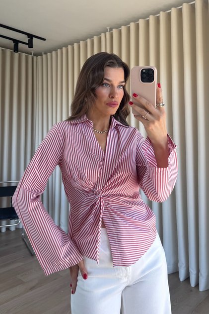 Red and White Double-Breasted Collared Tie-Back Shirt Blouse