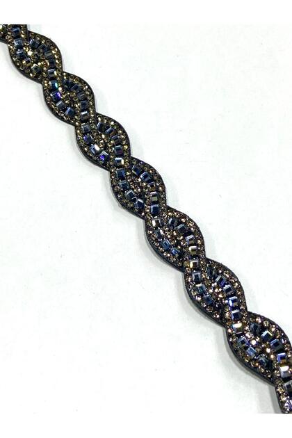 Knitted Patterned Square and Crystal Stone Embroidered / Sewn Stripe / 1 Meter / At275 Anthracite Black