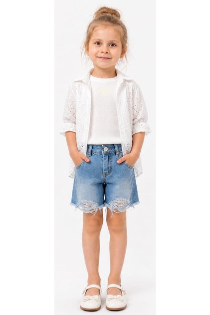 Girl's Scalloped Button Closure Elastic Sleeve Shirt Slim Fit T-Shirt Scalloped Lined Shorts White Color Three-Piece Set