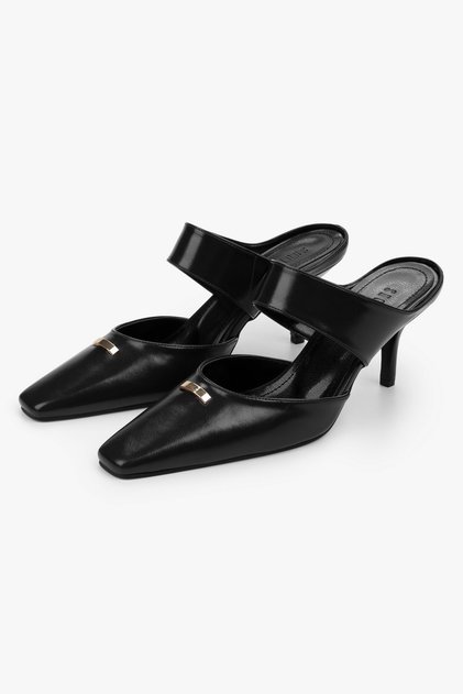 Women's Orelia Black Leather Blunt Toe Buckle Detailed Heeled Slippers