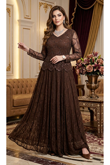 brown dress with beads GLS GL3817 Fitted Long Prom Corset Beaded Sequin Dress