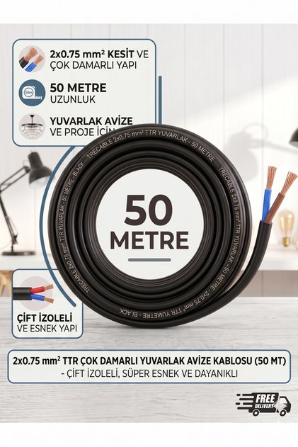 50MT Ağaç Feneri Kablosu 2x0,75 TTR Hoparlör Kablo ,Elektrik Montaj Kablosu,Avize Abajur Lambader Duy Yuvarlak Kablo