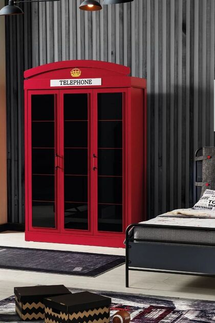 London 3 Kapaklı Dolap Elma Şekeri Gardırop - LED Işıklı Serigrafi Camlı Konsept Dolap