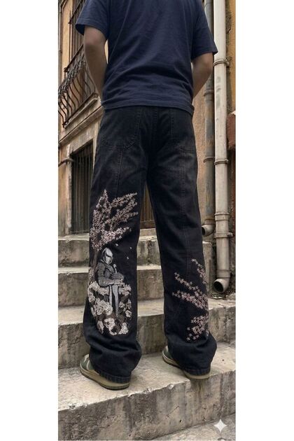 Karakedi Harajuku Samuray Sakura Çiçeği Nakışlı Y2K Unisex Baggy