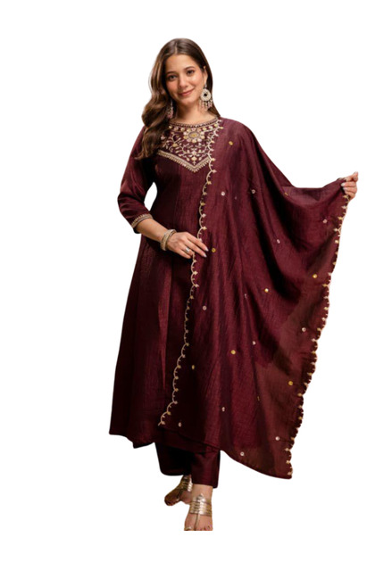 Red Vitchitra Silk Top Pant & Dupatta - HRT7864 | Red
