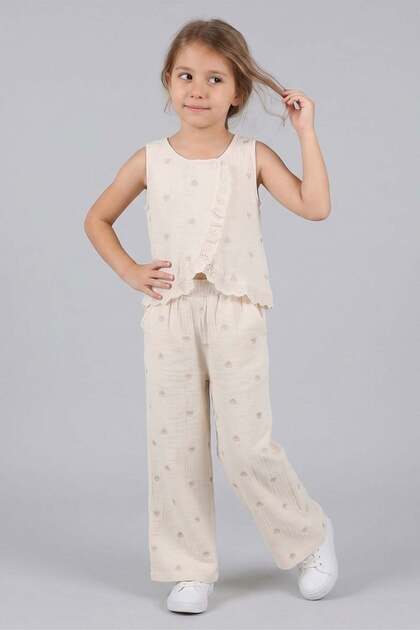 Girl's Pants Shirt Muslin 2-Piece Set Beige 4-9 Years