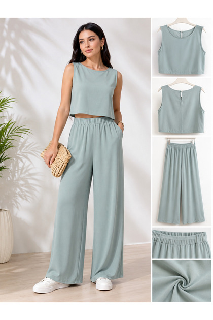 Soft Mint Aerobin Casual Two-Piece Set – Set with Wide-Legged Pants