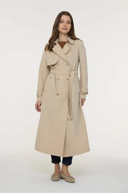 Embroidery Detailed Double-Breasted Stone Trench Coat 14042