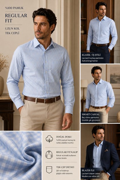 Long Sleeve Regular Fit Gingham Pocketed 100% Cotton Classic Men's Shirt
