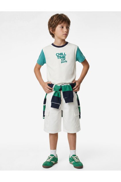 Cotton Color Block Crew Neck Short Sleeve Printed T-Shirt