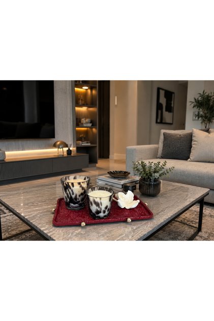 Pirinç Top Detaylı Parlak Bordo Dekoratif Tepsi