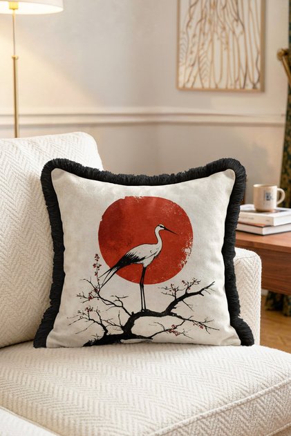 Japanese Crane Bird and Red Sun Fringed Throw Pillow Cover - Zen Cover with Black Tassels