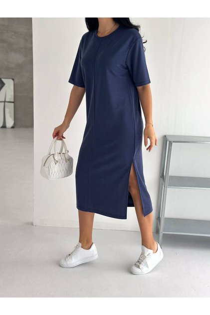 Women's Crew Neck Modal Fabric Basic Short Sleeve Slit Dress