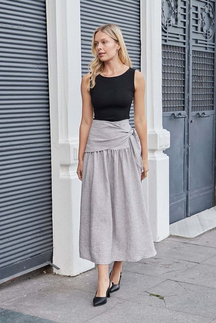 Women's Lycra-Free Linen Fabric High Waist Lace-Up Long Below-Knee Skirt-Grey