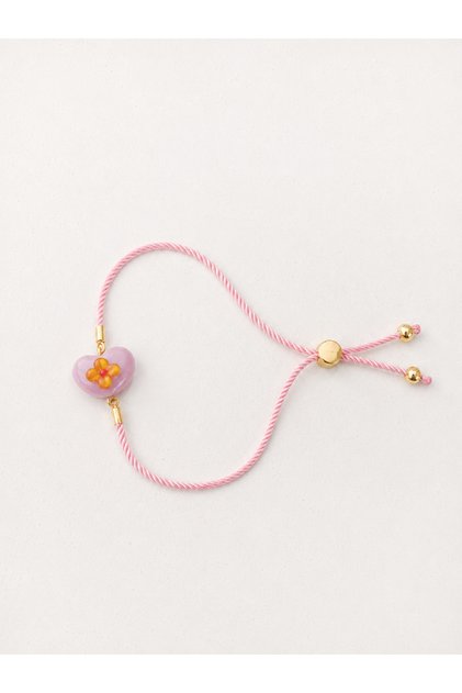 Pink Flower Heart Murano Glass Beads Adjustable Drawstring Bracelet