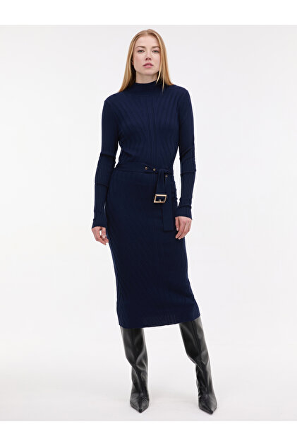 Rochie midi de damă albastru închis cu curea