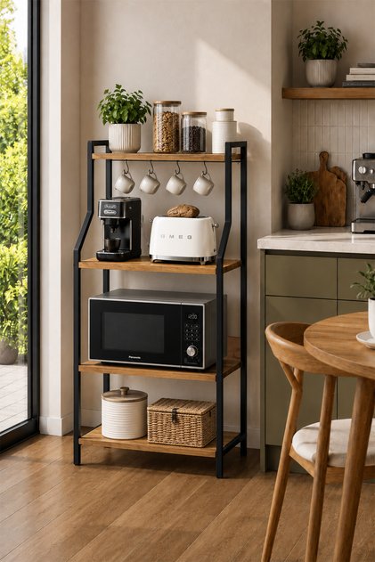 Raft de bucătărie multifuncțional Aydos 60 cm, suport pentru căni de cafea, cu picioare metalice, suport de bucătărie, coș negru
