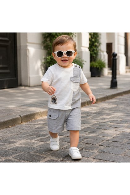 Bebiço %Cotton Baby Boy Summer Set with Pocket Detail and Car Embroidery Shorts, 2-Piece Set