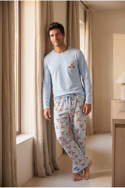 Men's Sweet Dreams Boxed Deer Patterned Blue Pajama Set