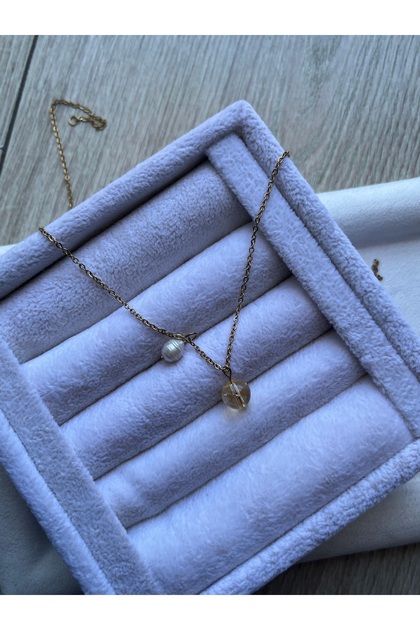8 mm Citrine Stone Real Pearled Steel Necklace Handmade