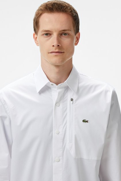 Mens Regular Fit White Shirt Standart Kesim Çıtçıt Düğmeli Fermuar Cepli Erkek Gömlek Beyaz